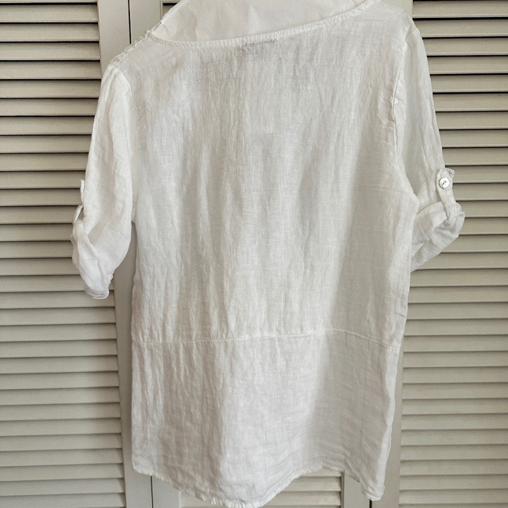 Lungo L'Arno Linen Blouse Short Sleeve Tropical Palm Embroidery Side Buttons - Picture 3 of 17